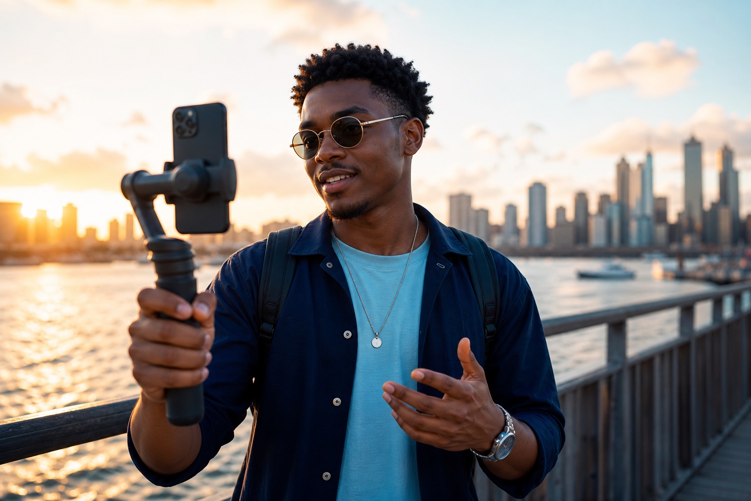 Creator filming outdoor content with a phone gimbal
